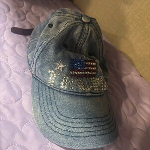 Trump Denim Cap with Rhinestone Flag and Star
